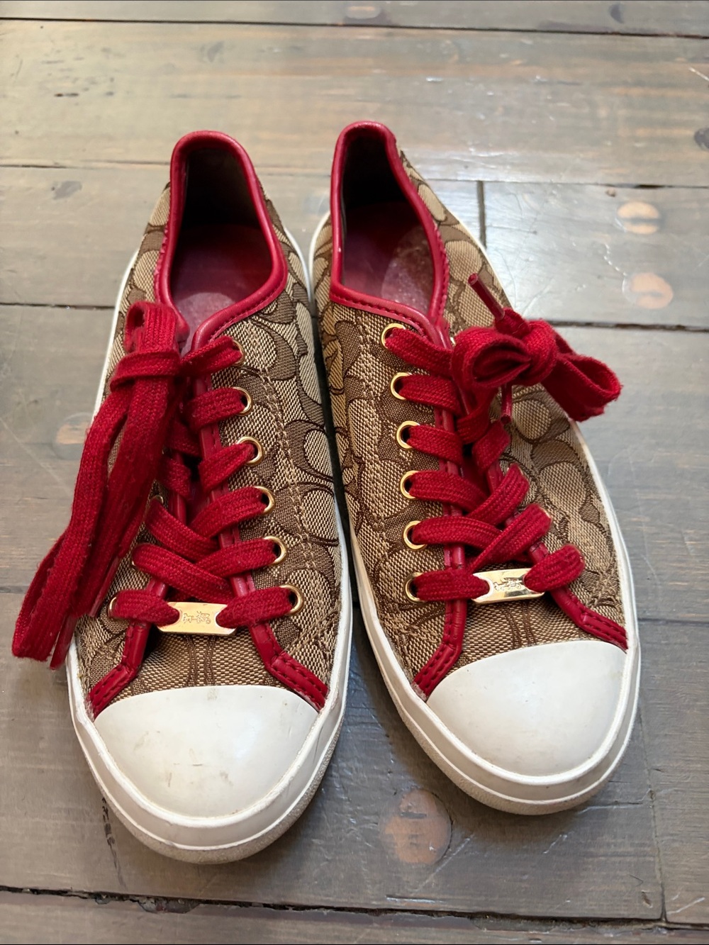 Coach Brown Signature Canvas Sneakers with Red Accents